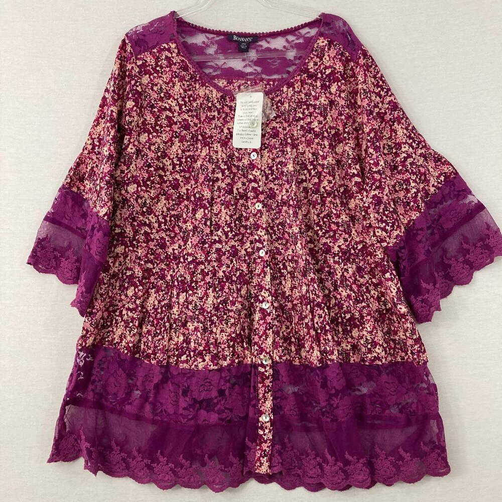 New Roaman's Size 22W Purple Floral Lace Feminine Romantic Button Down
